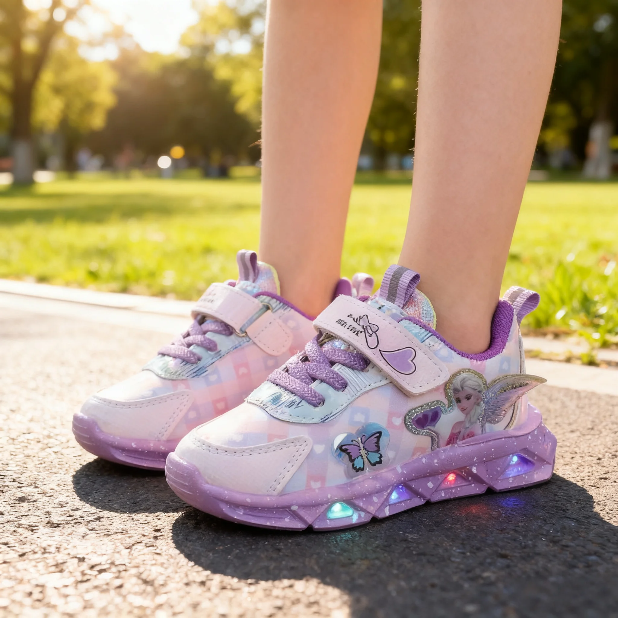 

Disney LED Casual Sneakers For Spring Girls Frozen Elsa Princess Print Pu Leather Shoes Children Lighted Non-slip Pink Purple