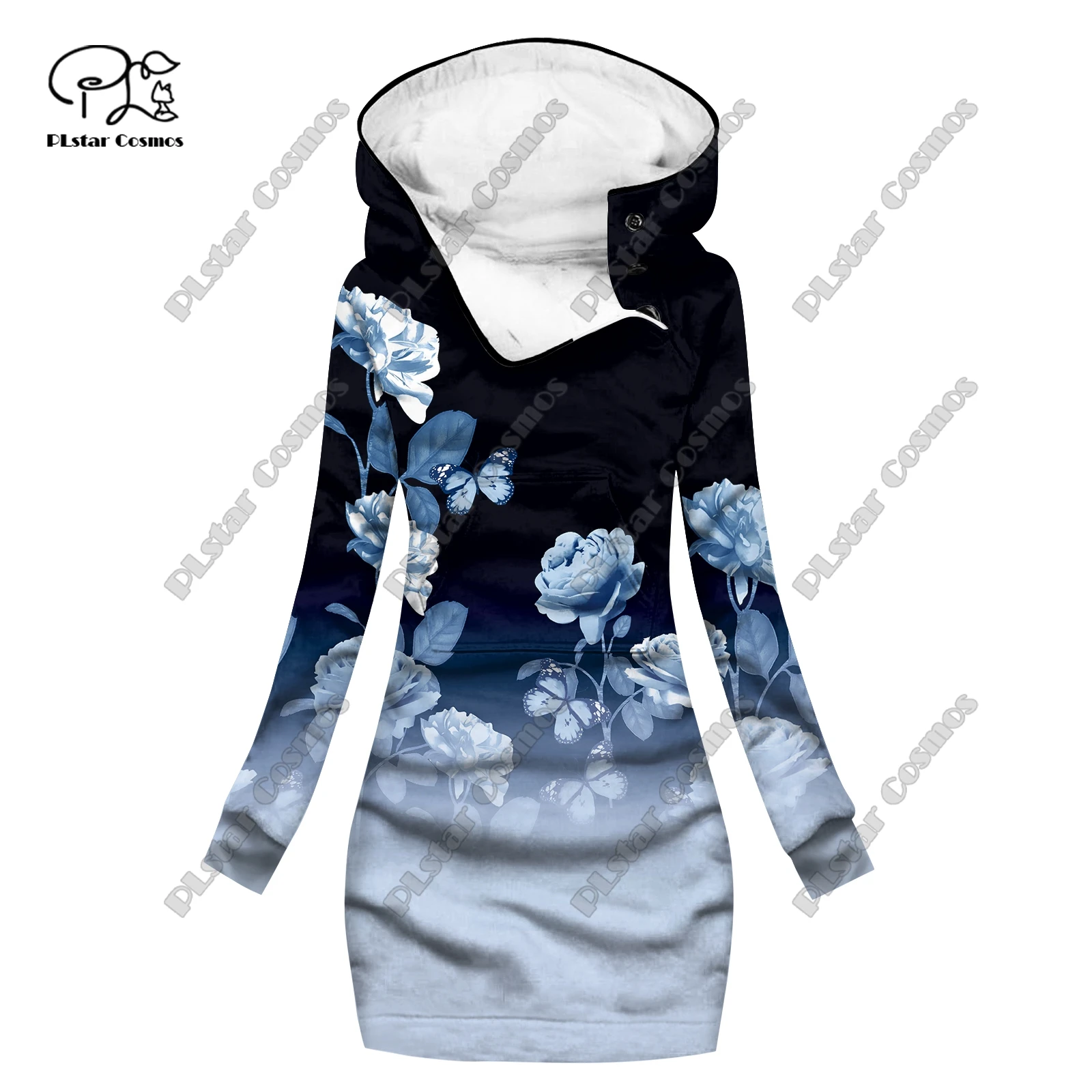 Sudadera larga con estampado 3D para mujer, vestido informal y cálido con cuello especial, patrón retro floral clásico, serie navideña,-2