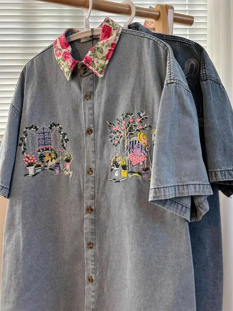 

plus Size 300 Pou Summer American Retro Casual Ins ort Sve Embroidered Denim irt Men Women Couple Outerwear