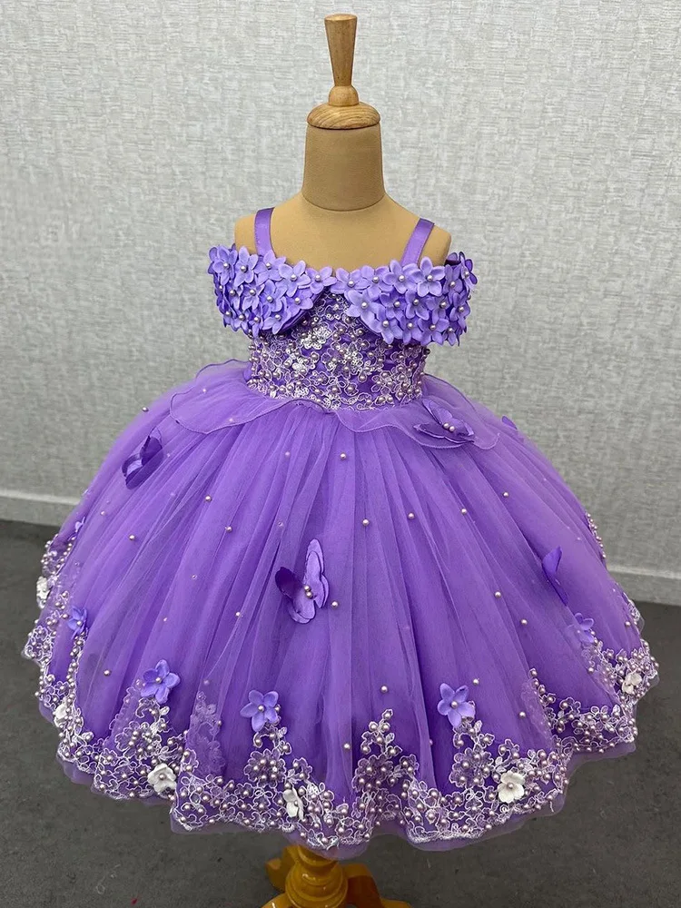 Purple Flower Girl Dress For Wedding Puffy Layered With Pearls Applique O-neck Princess Dresses Kids Party Birthday Ball Gown