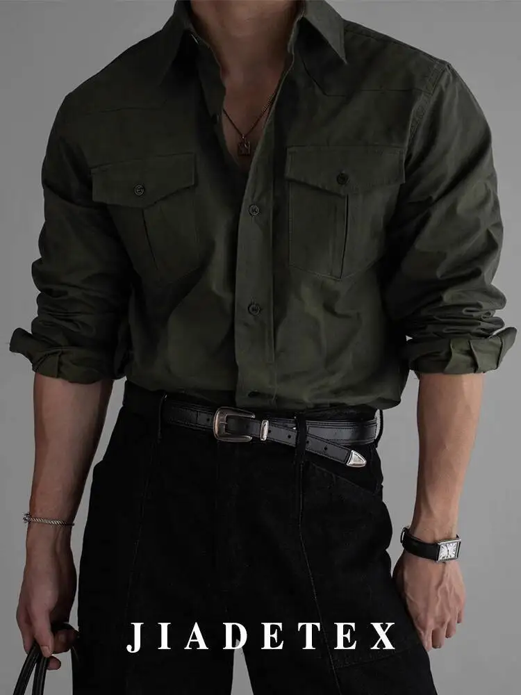 Military Green Cargo Shirt Jacket for Men Tough Style Double Pockets Autumn Spring High End Outerwear