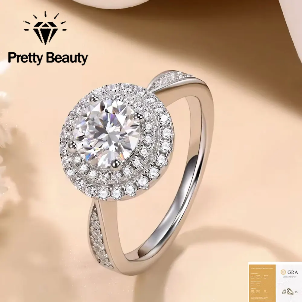Pretty Beauty 1CT Round Moissanite Double Halo Engagement Ring for Women S925 Silver Wedding Promise Ring Anniversary Jewelry