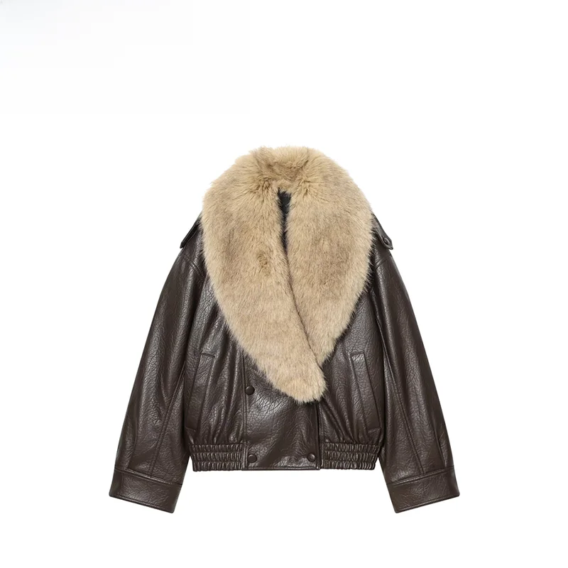 Faionable Jaet-Oberbekleidung aus Kunstleder mit abnehmbarem Kragen für Damen, Herbst 2025, Saison, Polyesterfaser, All-Match-Sle