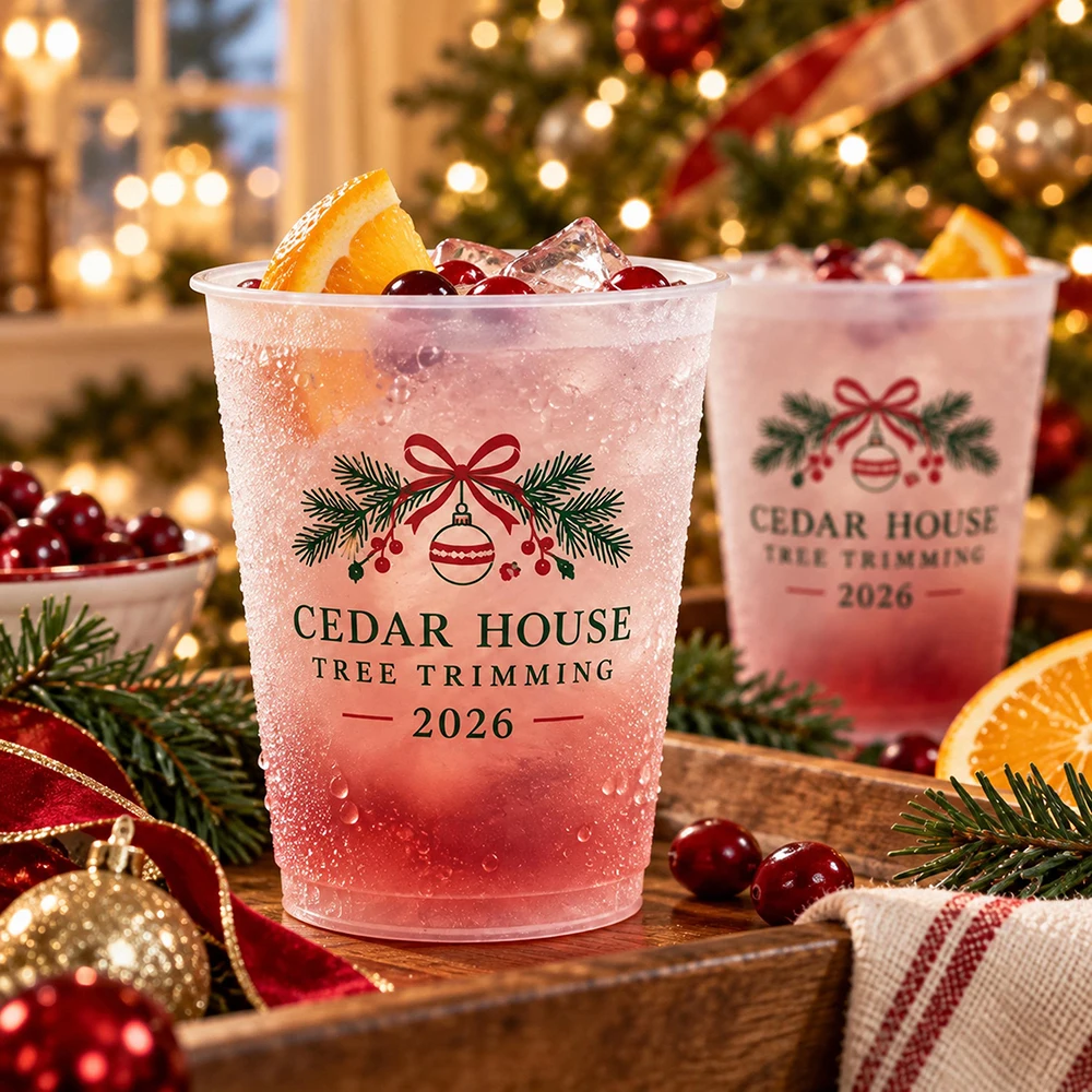 2026 New Christmas Party Frosted Plastic Cups, Holiday Tree Reusable Drink Tumblers for Winter Wedding and Birthday Party Favors