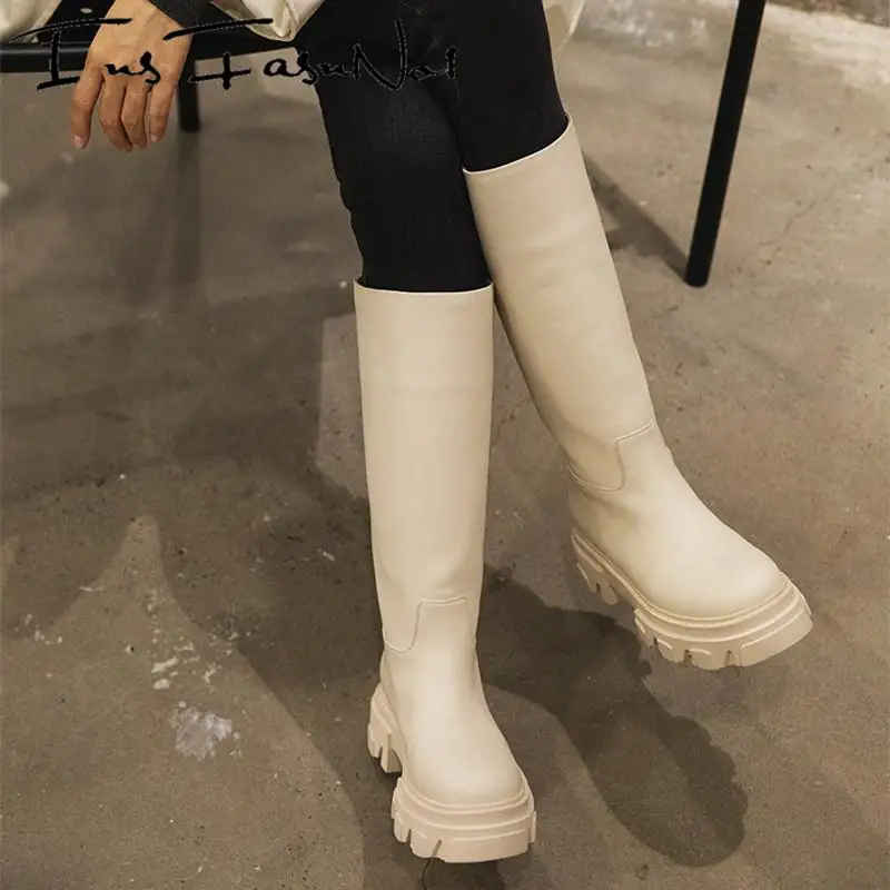 Flat Platform Women Knee Boots White Chunky Bottom British Style Fashion Genuine Leather Botas Mujer Slip On Brand Designer Shoe