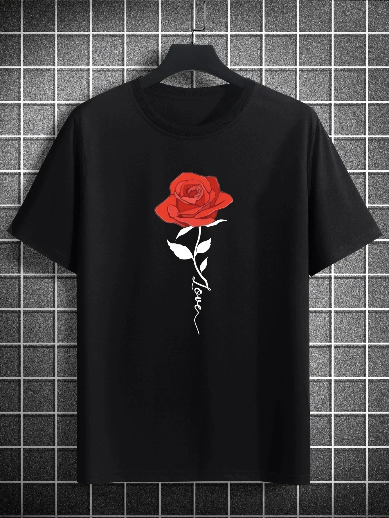

2025 new model With 'Rose' Print，Men's Casual Crew Neck Short-Sleeve Fashion Summer T-Shirts Tops, Men's Outfits Tee，Regular an