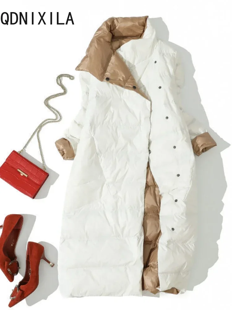 Jaqueta de pato branco feminino, casacos longos e grossos de dupla face, casacos de botão quente coberto, outwear parka feminino slim fit, inverno