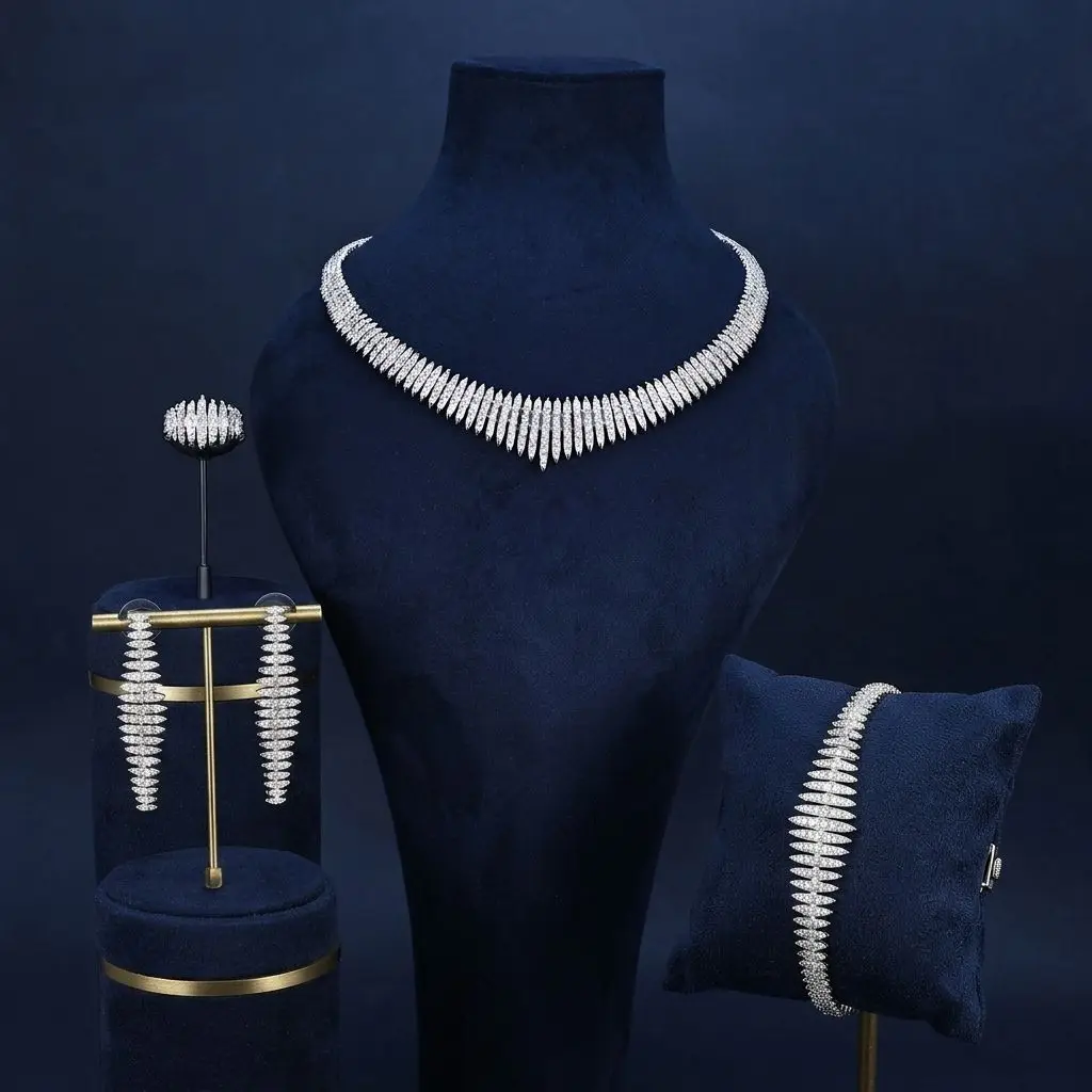 Bride Talk Luxury Spike Sunburst Jewelry Set 4Pcs Elegant Geometric Tapered Ray Bridal Wedding Accessories Statement Jewelry