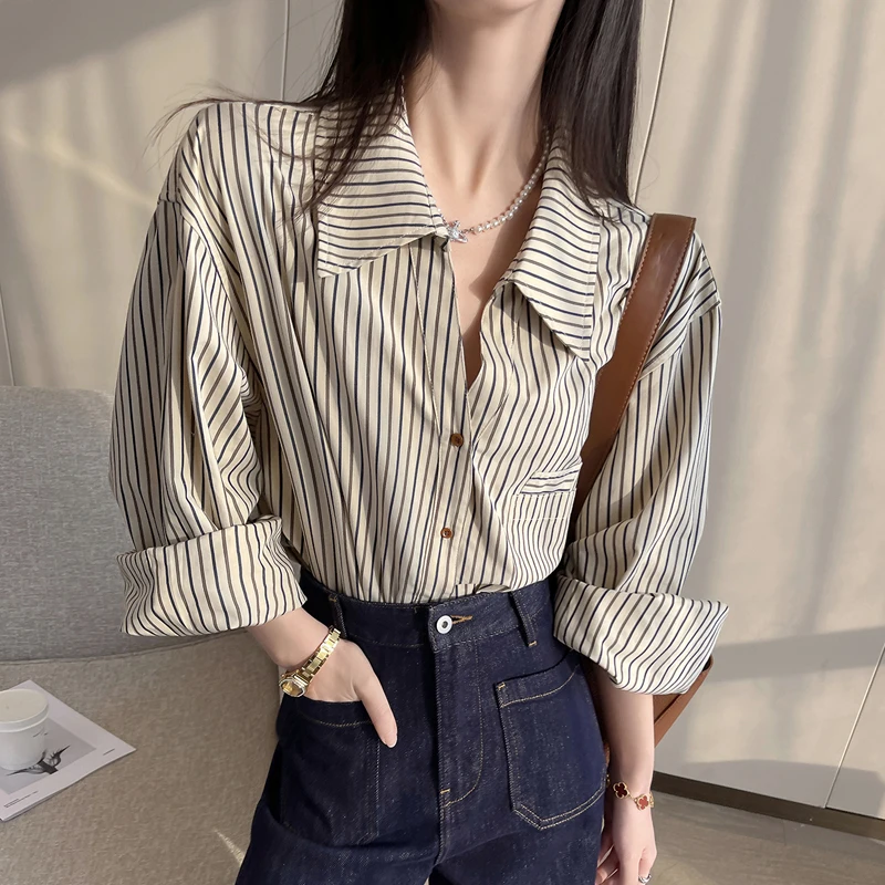 

Striped Polo Collar Long Sleeve Shirt for Women High-end V-neck Fashion Blouse
