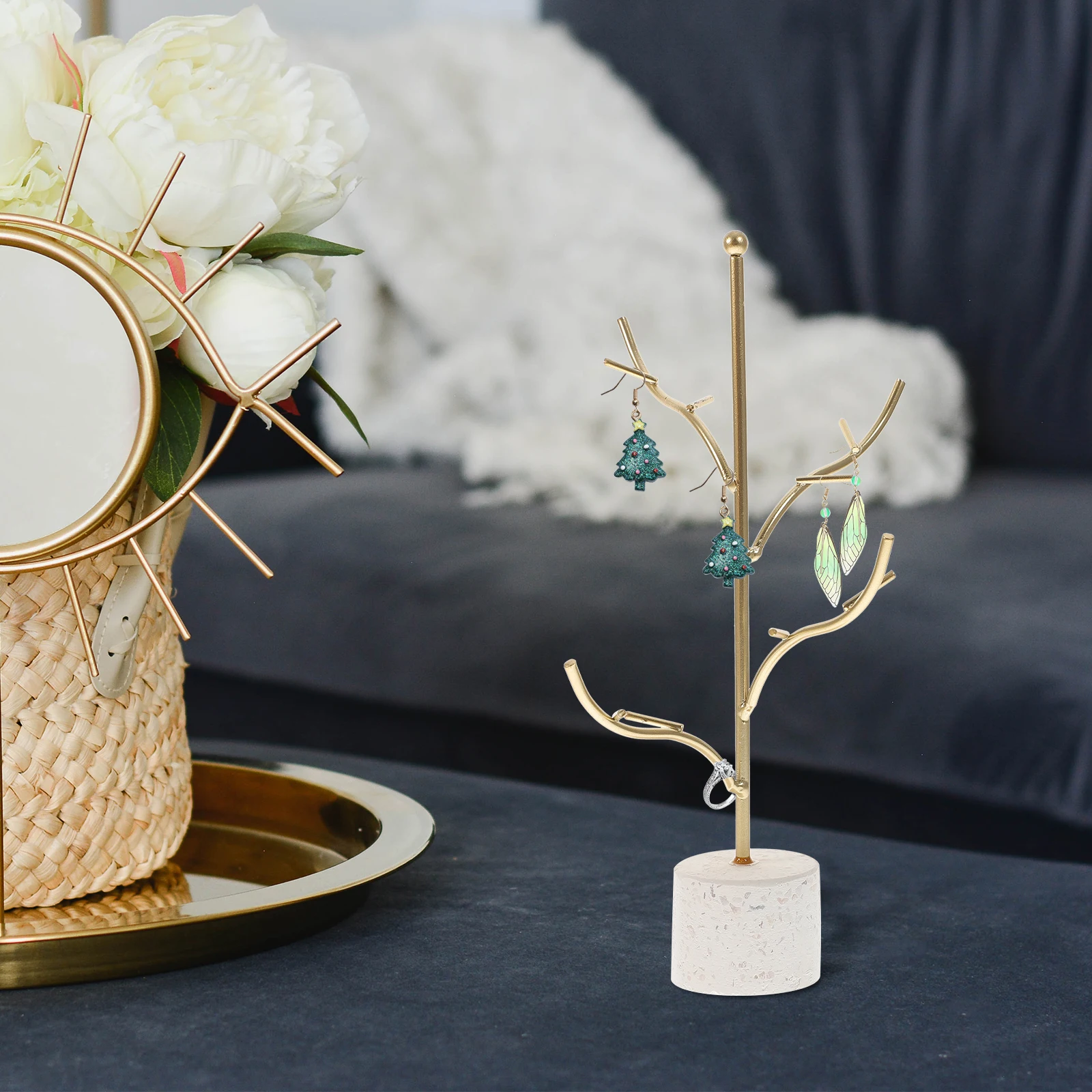

Terrazzo Base Jewelry Rack Nordic Style Creative Household Storage Organizer Simple Resin Iron Stand For Small Jewelries (White)