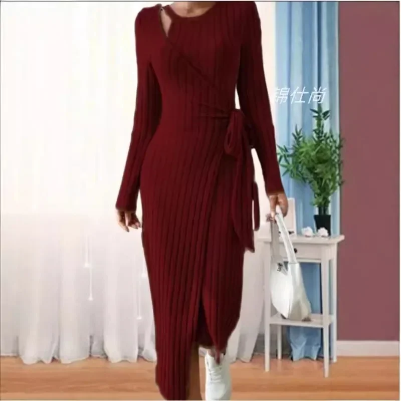 Women Long Sleeve Slim Solid Color Dress Sashes Ankle Length O Neck Dress