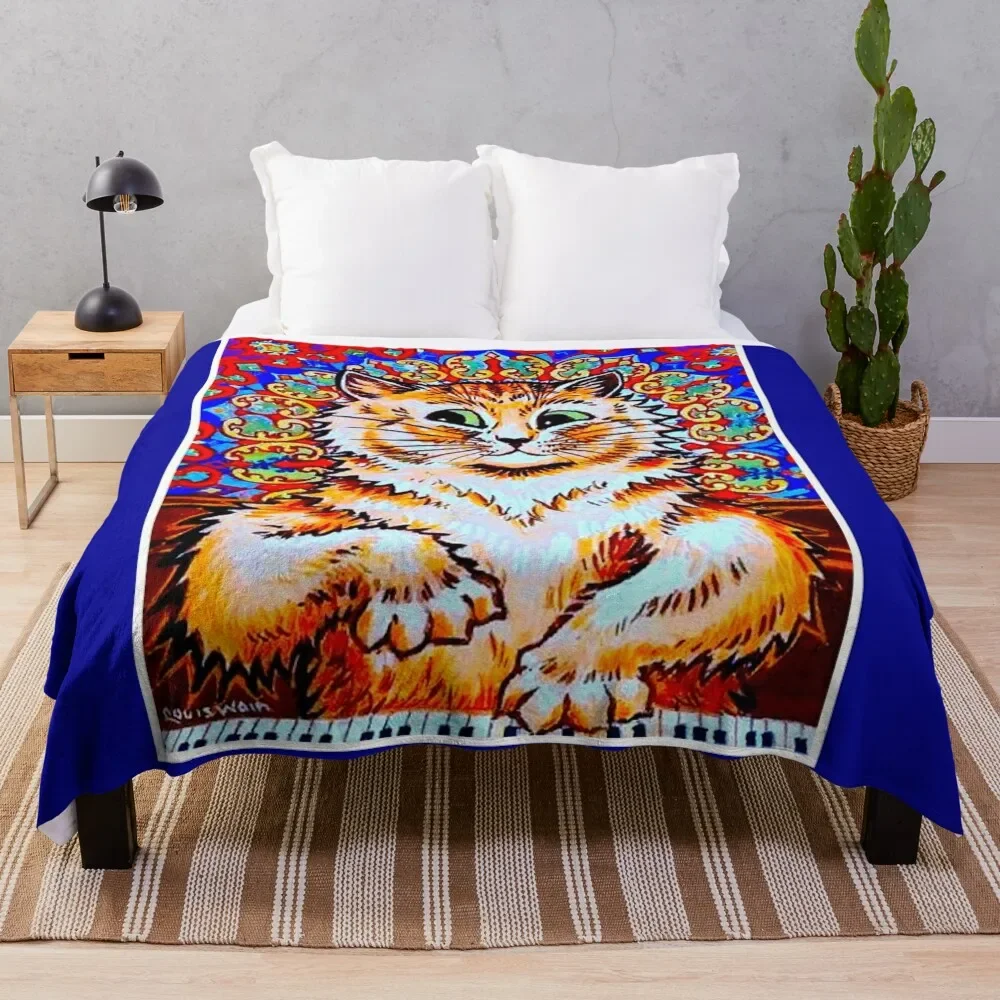 CAT PLAYING A PIANO : Vintage Psychedelic Abstract Louis Wain Print Throw Blanket Flannel Fabric Extra Large Throw Blankets