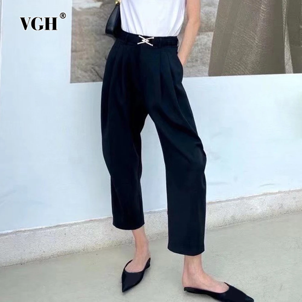 

VGH Solid Casual Heram Pants For Women Elastic Waist Patchwork Metal Minimalsit Loose Trousers Female Fashion Clothing Style New