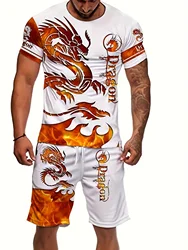 Men's 2-Piece Set, Dragon Print Short Sleeve T-Shirt And Shorts, Casual Street Style For Summer Wear, Athletic Sportswear