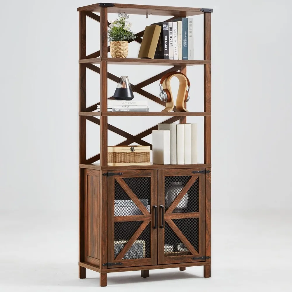

5 Tier Bookshelf 70" Tall Bookcase with Barn Doors,Large Farmhouse Display Book Shelf with Adjustable Shelves and Storage Cabine