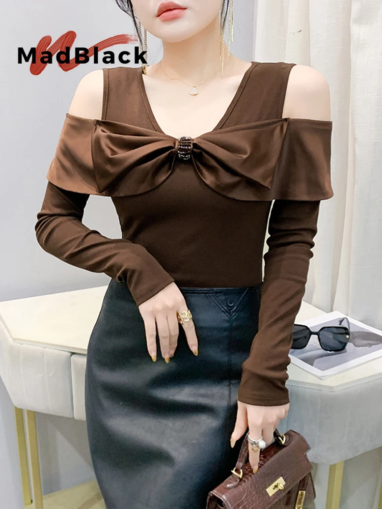 MadBlack-Women European T-Shirt, Sexy V Neck Bow, Hotsweet Long Sleeve Off Shoulder Slim M-3XL Knit Tee, 2026 Autumn T69244CC