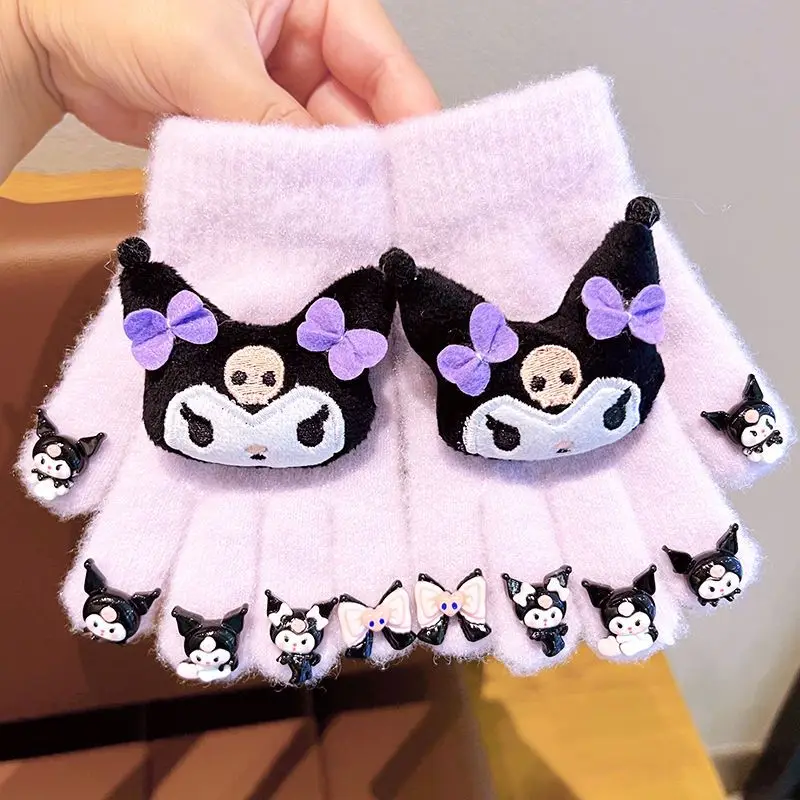 Sanrio cartoon anime character kawaii Hello Kitty cute gloves kuromi My melody five-finger cover warm plus velvet to keep warm