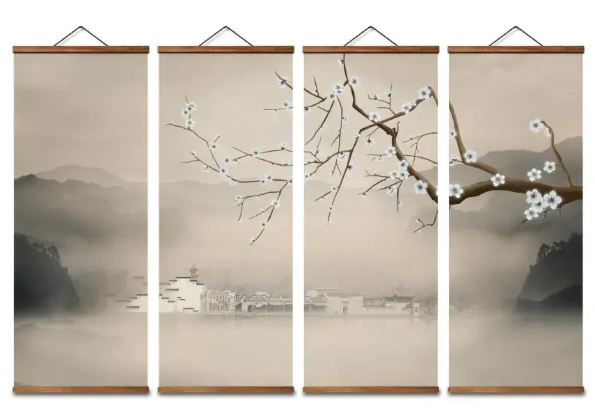 MT0071 Chinese Style Village Plum Blossom Landscape Decorative Wall Art Canvas Posters Solid Wood Scroll Paintings