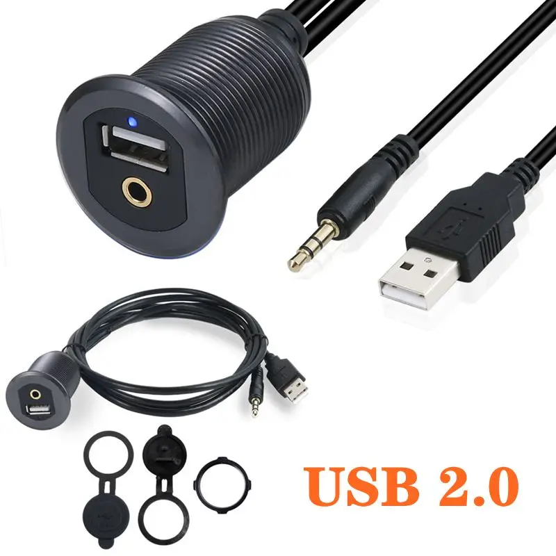 1m LED Light Metal Shell Car Motorcycle Dashboard Cable With Bracket USB2.0/3.0 Audio Waterproof Cable USB+DC 3.5mm