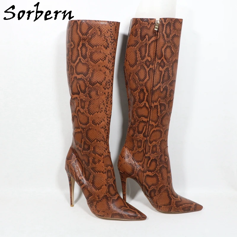 Sorbern Brown Python Knee High Women Boots Wide Ankle Strap Plush For Winter Ladies Boots Custom Shaft Length #4