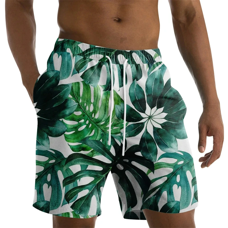 Coconut Leaves Men\'s Flowers Beach Briefs Summer Big Size Swimwear Men Board Shorts Casual Hawaiian 3D Holiday Trunks Stripe