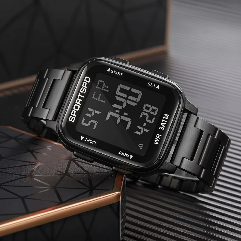 Men's Square Digital Watch, Stainless Steel Strap, Multifunctional Sports Electronic Wristwatch with Alarm & Stopwatch Fun