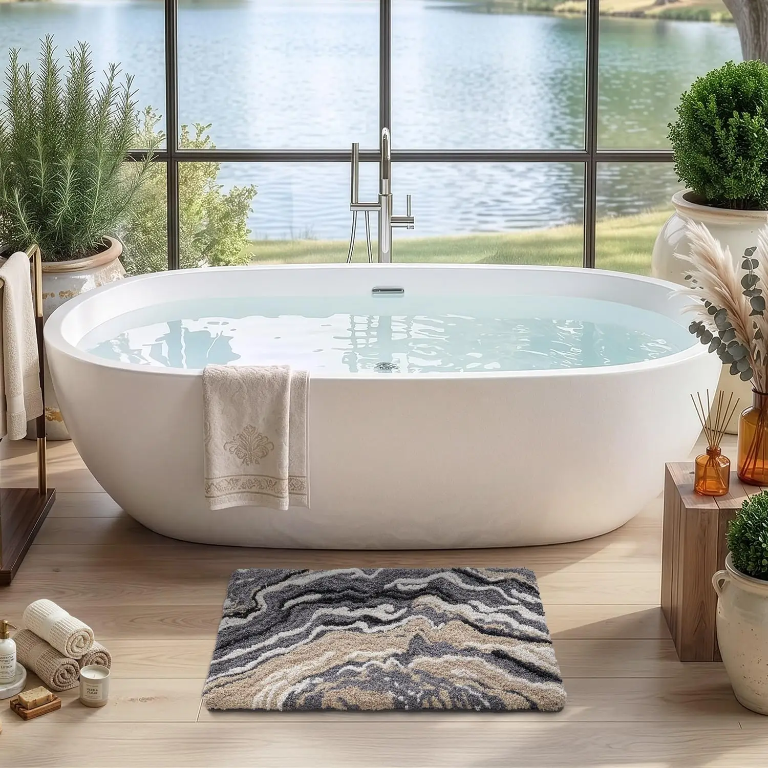 Super Absorbent Wave Stripe Bath Rug, TPR Non-Slip Backing Bathroom Mat, Soft Plush Machine Washable Anti-Bacterial Bath Carpet