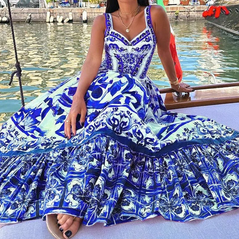 Summer New Women's Bohemian Style Senior Light Luxury Mid-Length Print Halter Dress