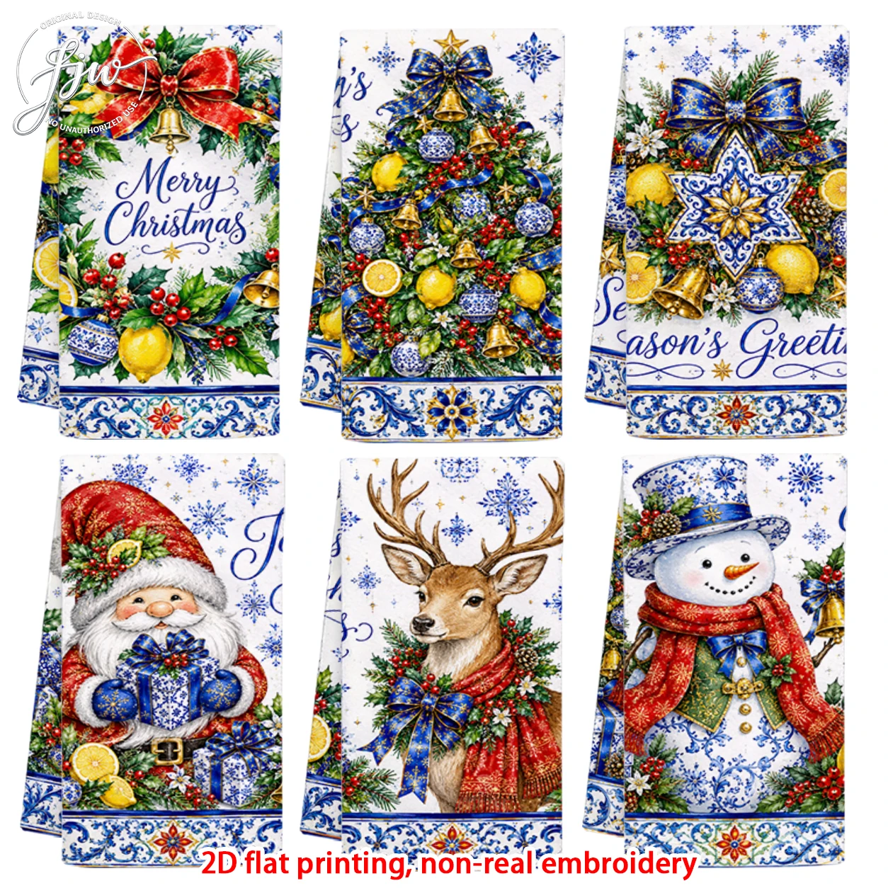 6pcs Christmas Kitchen Towels Blue Porcelain Style Xmas Decor Dish Towels for Holiday Winter Home Decor