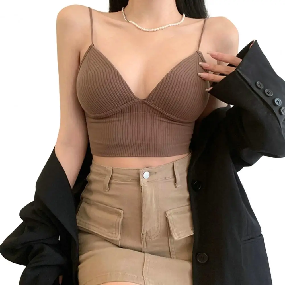 Canotta con scollo a V Reggiseno push up elasticizzato sexy da donna con pettorali Top corto lavorato a maglia per top a tubo corto femminile Bralette Y2k