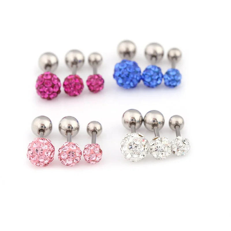 3pcs/set Surgical Steel Crystal Ball Screw Studs Earrings For Women Piercing Tragus Cartilage Helix Ear Bone Nail/Stick Jewelry