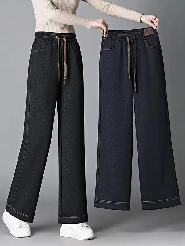 Spodnie damskie z wysokim stanem, ocieplane, na jesień i zimę, proste nogawki, szerokie nogawki, codzienne jeansy, eleganckie spodnie dla kobiet.