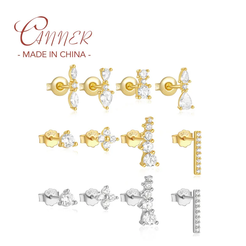 

CANNER 4pcs S925 Sterling Silver Mini Clear Zircon Stud Earrings for Women Earring Set Gift Pendientes Fine Jewelry oorbellen