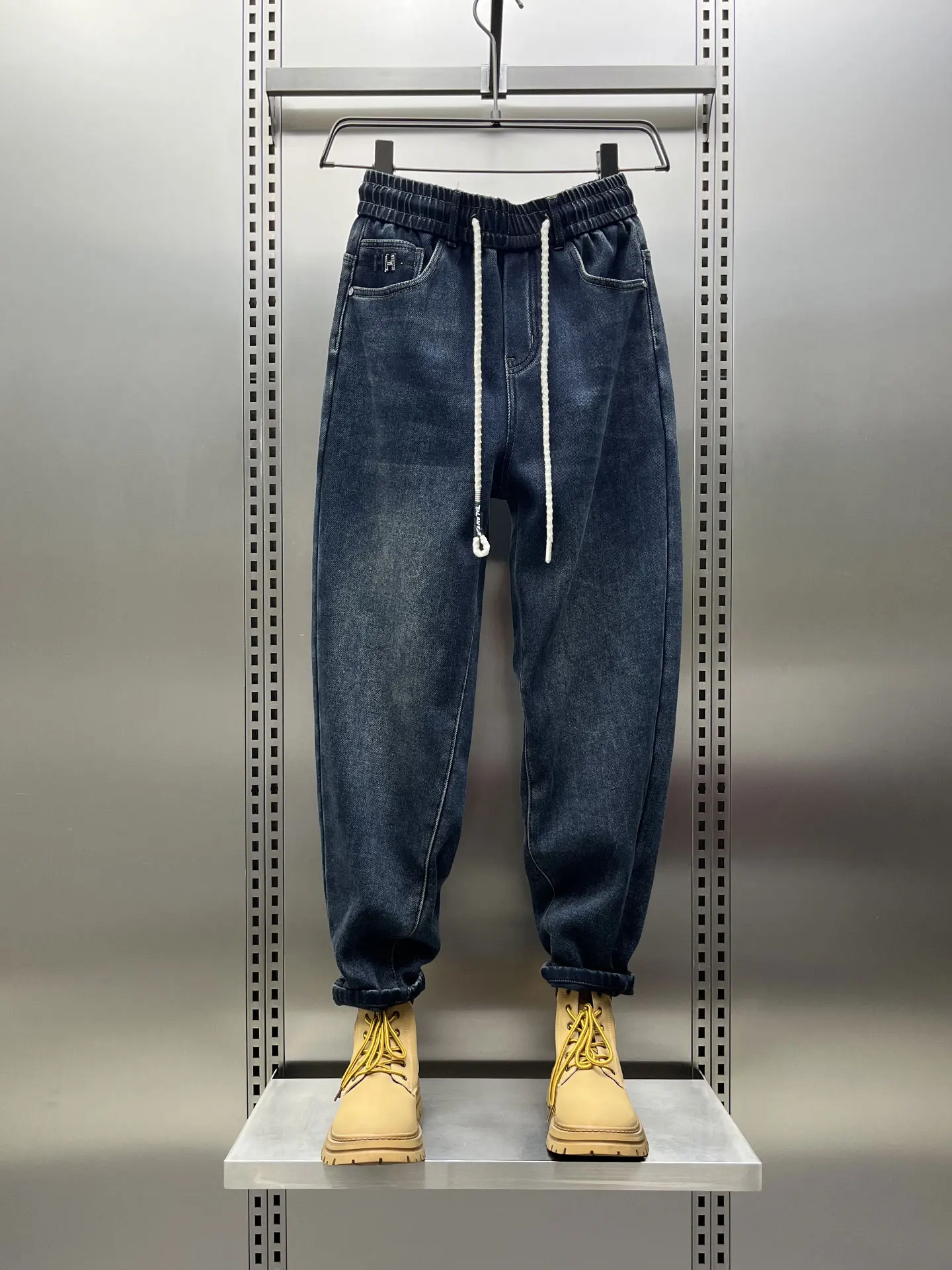 

Мужские зимние джинсы скинни на подкладке, повседневные зауженные брюки Харлан, свободные универсальные длинные брюки свободного покроя с завязками