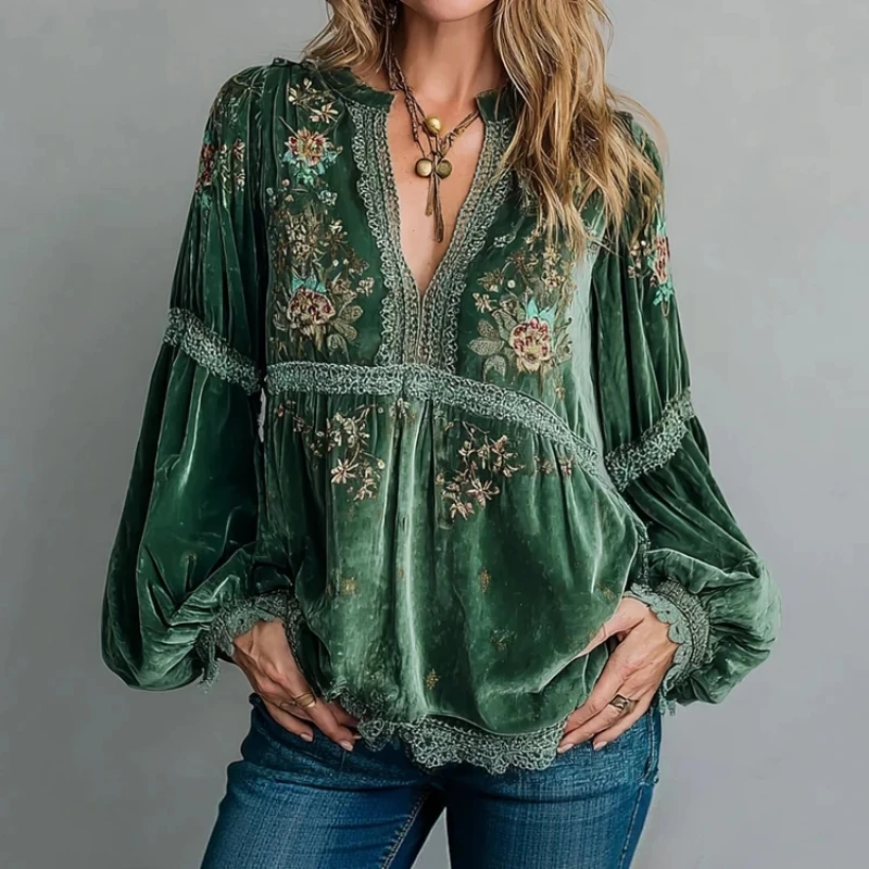 

Vintage Women Blouse Velvet Floral Print Lace Trim V Neck Lantern Sleeve Shirts Streetwear Autumn Loose Pullover Women Clothes