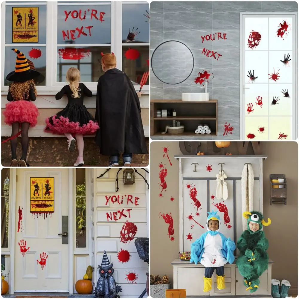 Bloody Handprint Footprint Halloween Decorative Stickers Skull Pattern Waterproof Static Cling Decal Multicolor Scene Ornament