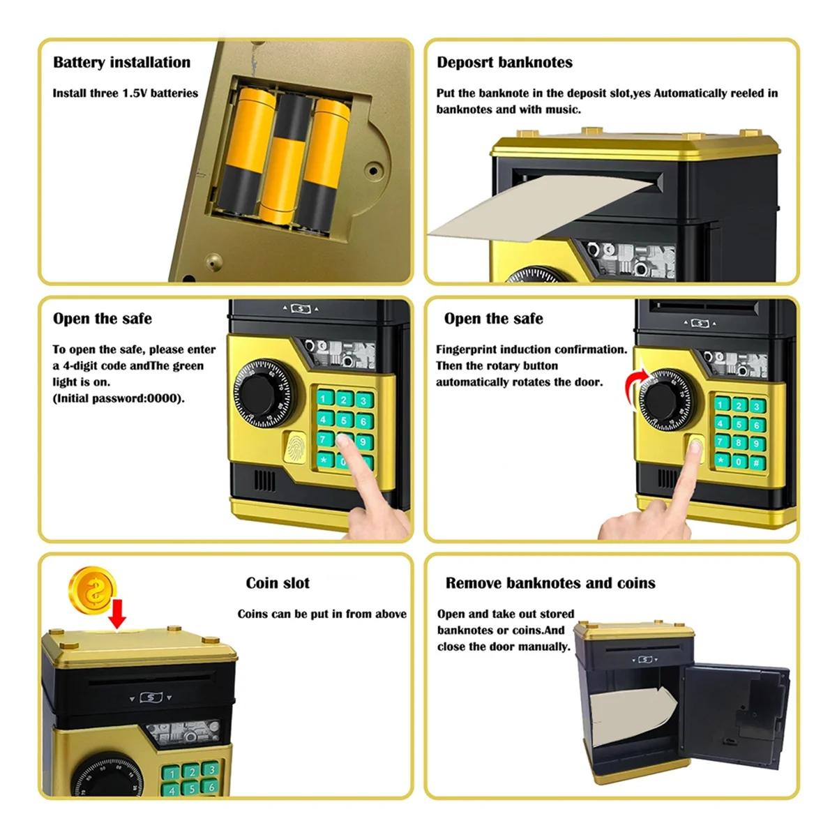 

ABFA Electronic Piggy Bank ATM Password Money Box Safe Smart Fingerprint Automatic Banking Kids Gift Money Box Gold