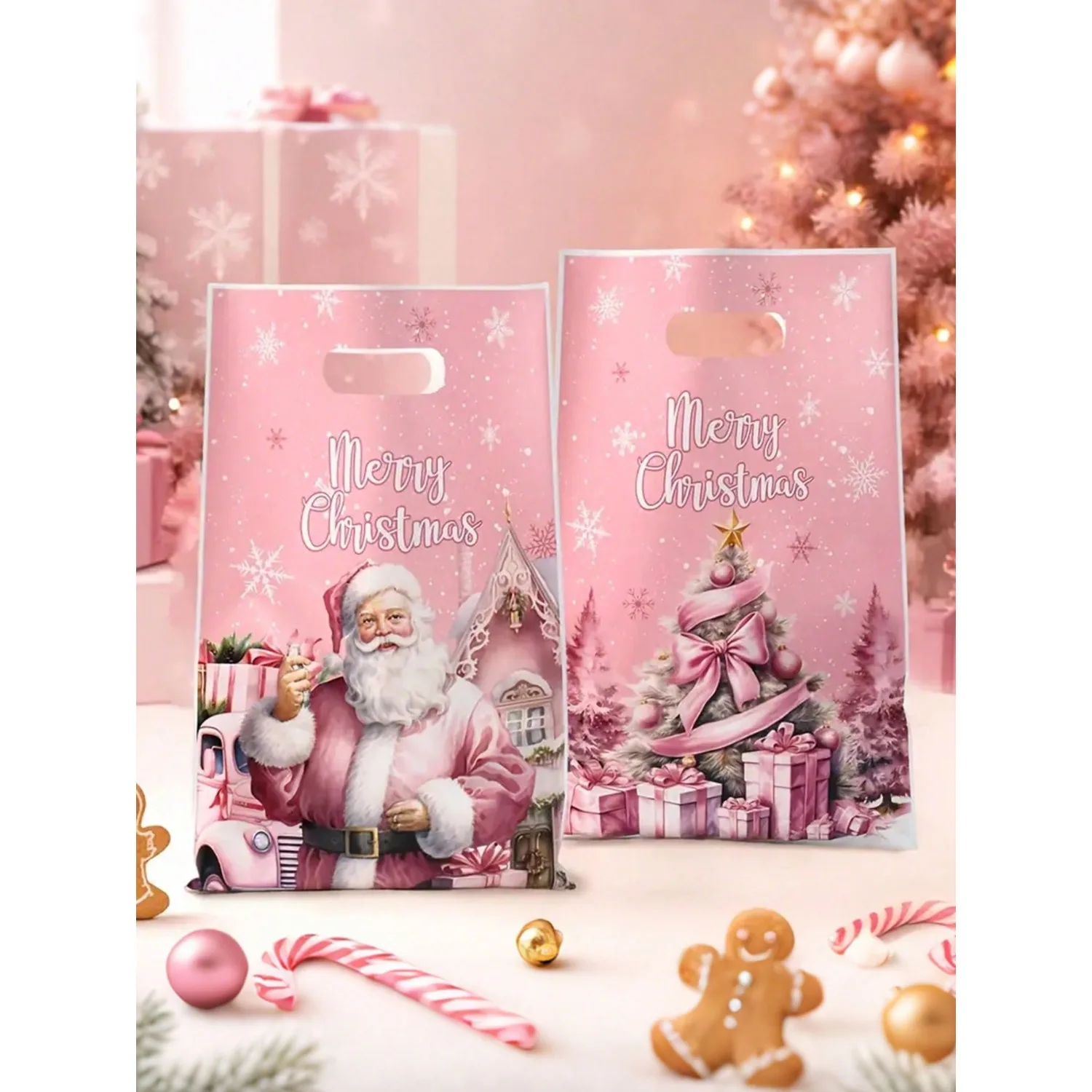 Bella borsa regalo di Natale rosa! Disegni natalizi da 10 x 6,5 pollici sfusi (confezione da 10/25), perfetti per regali di Natale e feste.