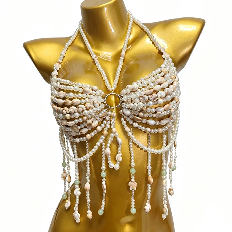 Handmade Festival Bra Top Mermaid Bridal Chest Statement Blue Gemston Crystal Body Chain White Shell Pearl Beaded Bralette