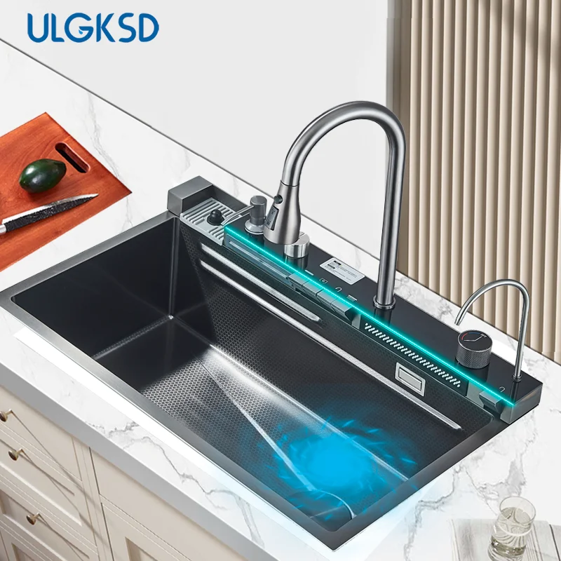 

Пистолет, серый, из нержавеющей стали 304, дренажный водопад, кухонная раковина, встроенный смеситель с цифровым дисплеем, дозатор мыла, овощной бассейн