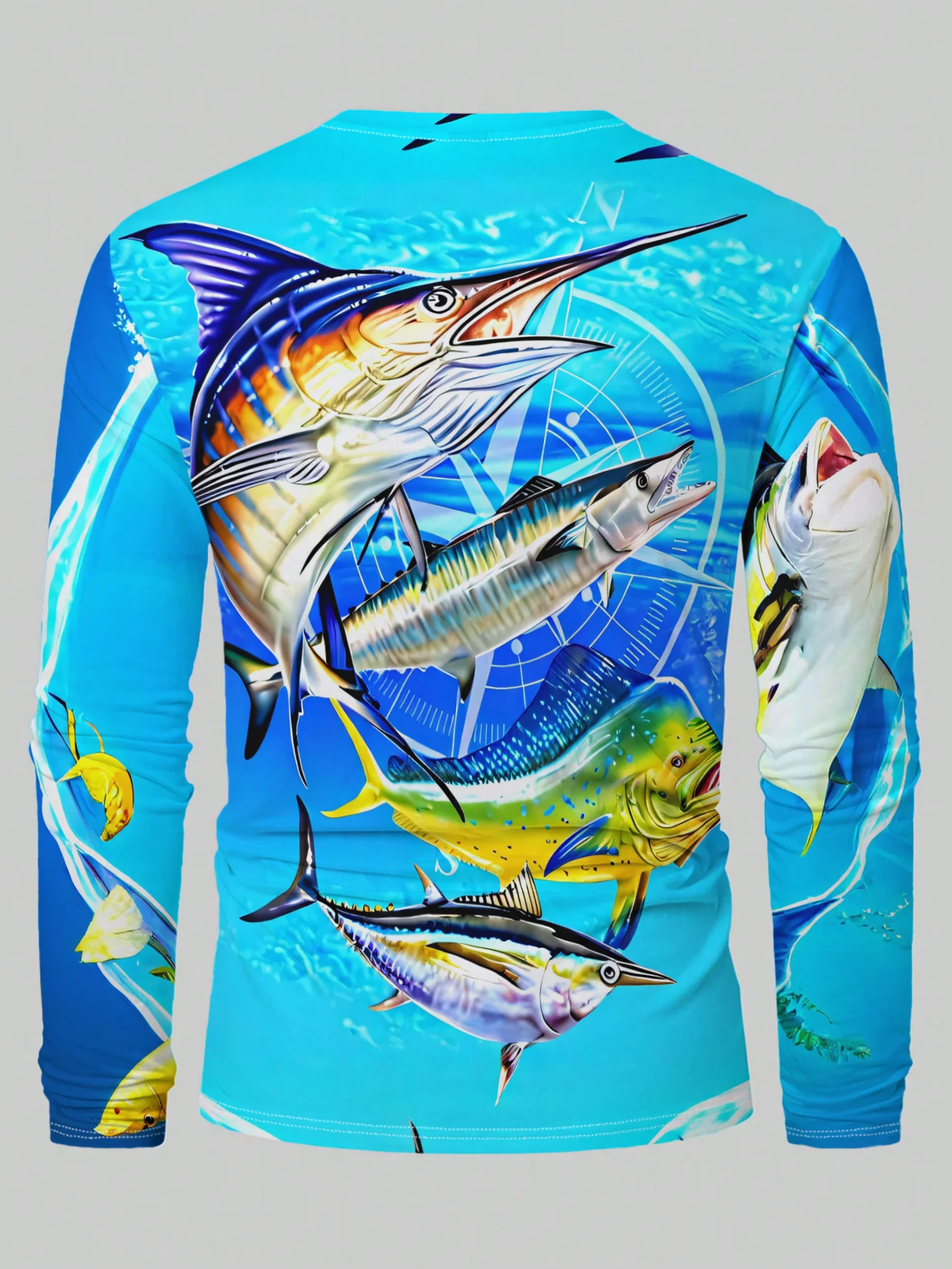 Marlin Mahi Tuna Wahoo Fish Compass Ocean Graphic Long Sleeve T-Shirt Unisex Men Women Round Neck Fishing Sport Tops