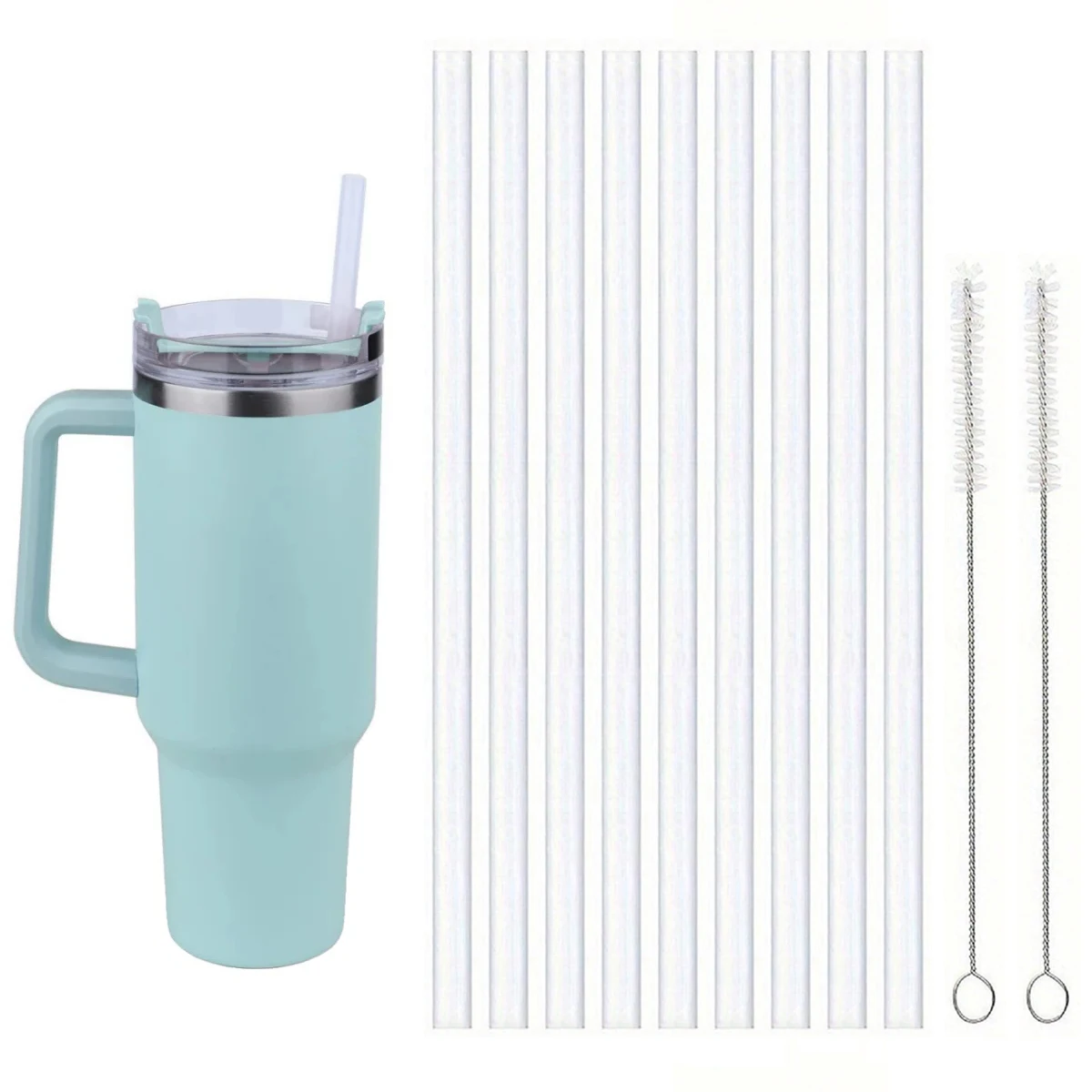 Replacement Straws for Stanley 40 Oz Cup Tumbler, 12 Pack Clear Reusable Plastic Straws, 2 Straw Brushes, for Stanley Cup