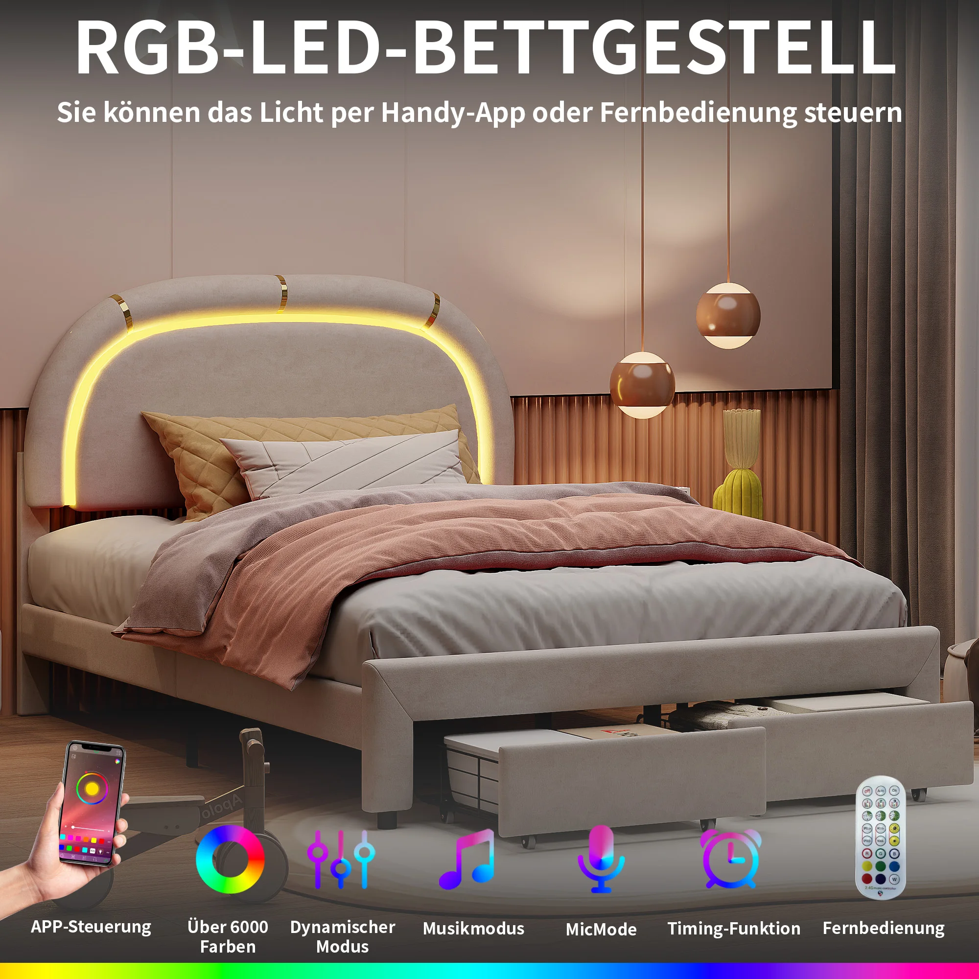 Polster bett 140x200 cm, Doppelbett mit Lattenrost, Rückenlehne und 2 Schubladen