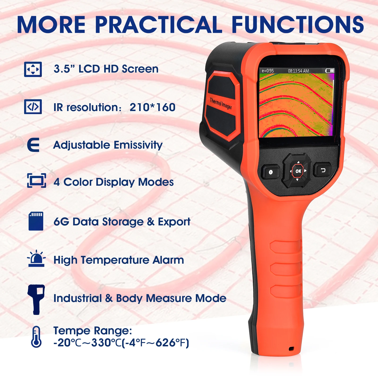 

210x160 IR Infrared Thermal Imaging Camera, Portable Handheld Infrared Thermal Imager, 3.5" LCD Screen, IP54 6GB, -4°F~626°F