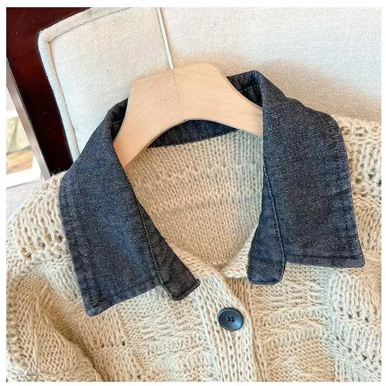 Oversized Women\'s Clothing Autumn New Item Fat MM Fashion Loose and Slimming Collar Knitted Sweater Denim Patchwork Sweater