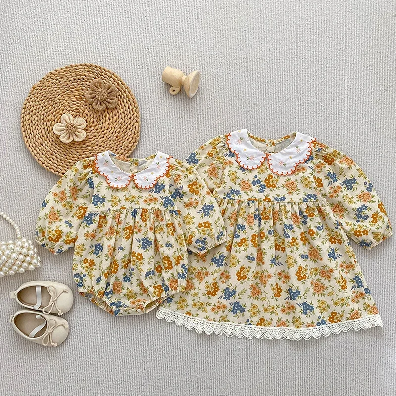 

2026 New Spring Kids Princess Dresses Baby Romper Long Sleeved Cotton Printed Splicing 2-6Yrs Girl Party Dress Sister Dress