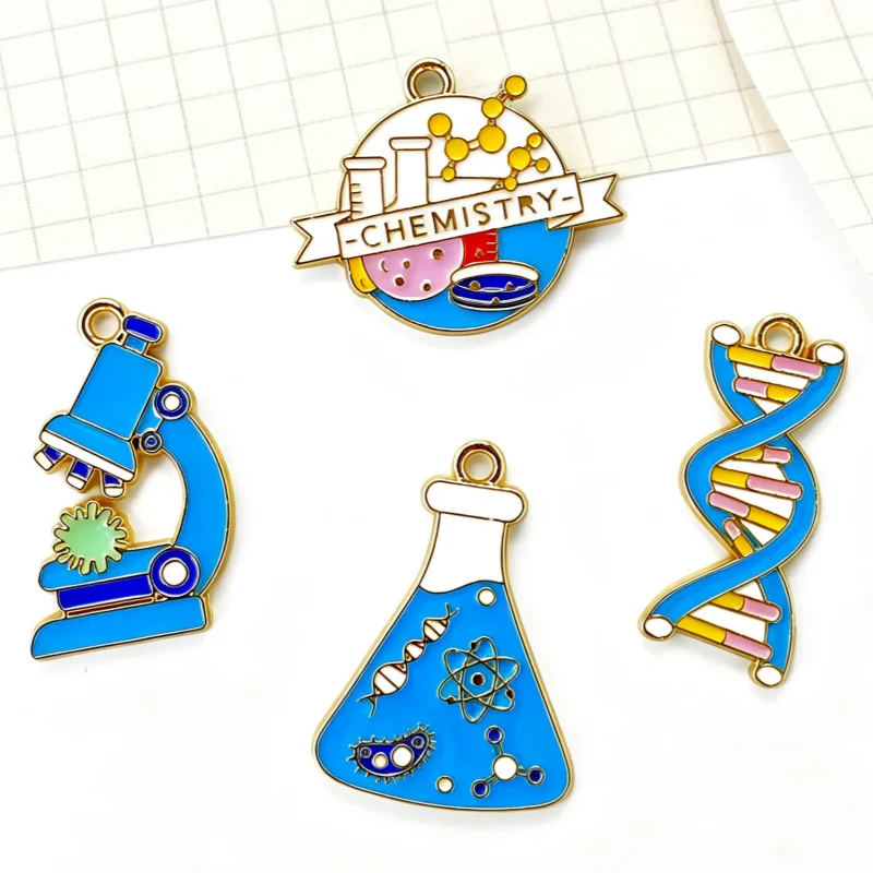 10pcs Chemical Experiment Microscope DNA Academy Wind Alloy Jewelry Accessories Pendant Keychain Decorative Bag Pendant