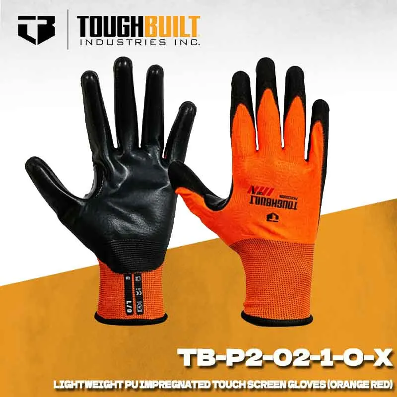 TOUGHBUILT TB‑P2‑02‑1‑O‑X Lightweight PU Coated Work Gloves Orange‑Red  Breathable Wear‑Resistant Safety Gloves Tool Pouch