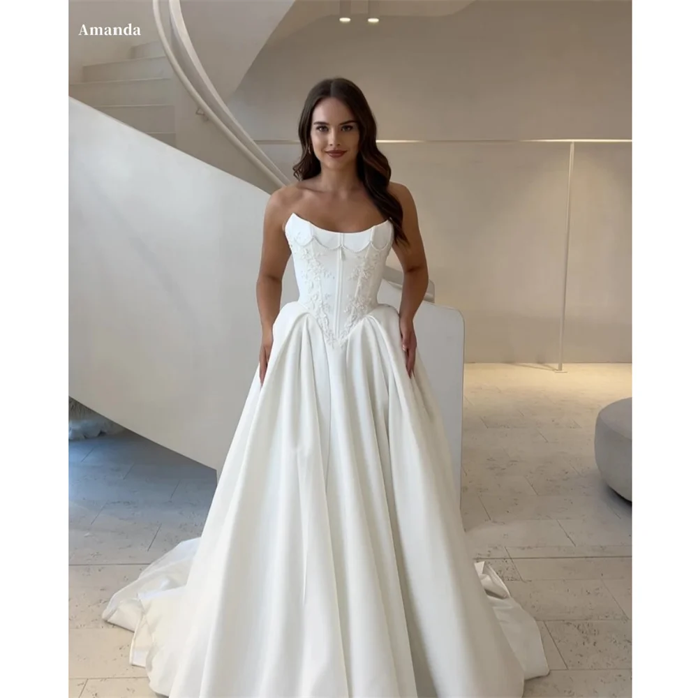 Amanda Customized White Heart Shaped Collar Embroidery Trailing Wedding Dress Strapless vestidos de noche Sleeveless Party 2025