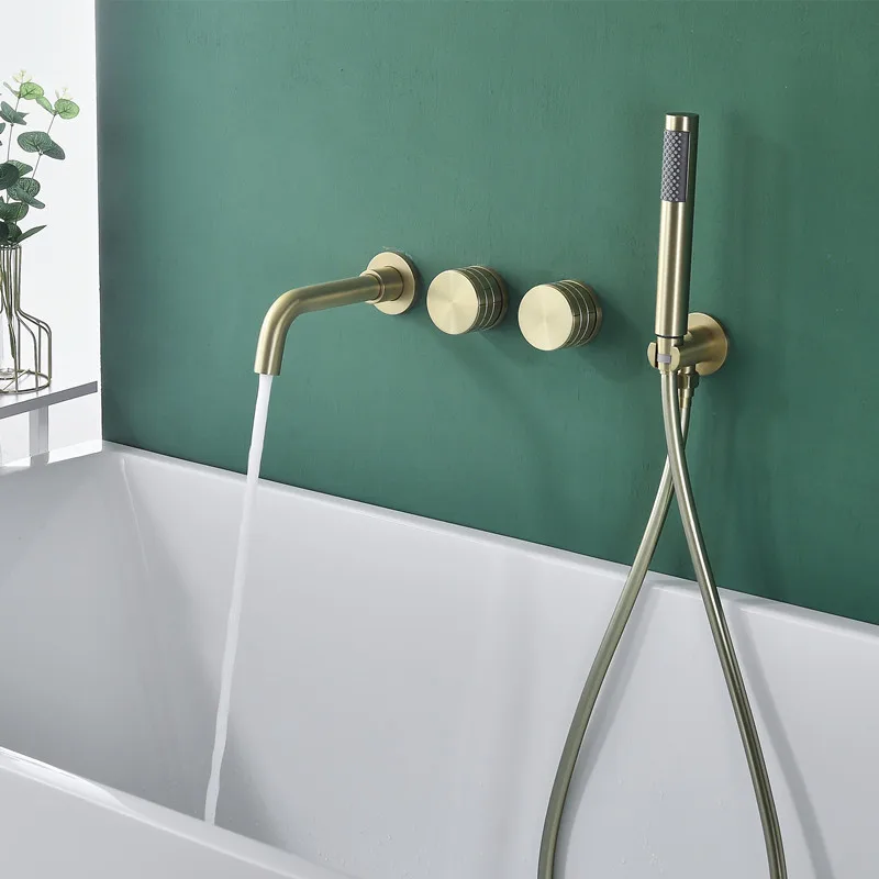 

Dual Handle Rain Spray Wall-Mounted Bathroom Tub Faucet Set with Ceramic Valve Core Gray Brushed Gold Finish Hand Shower